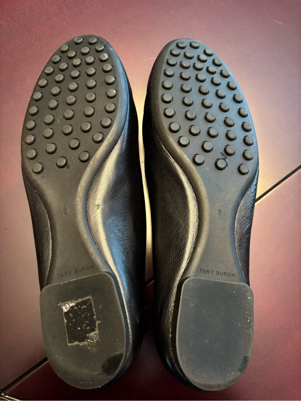 Tory Burch Black Leather Ballet Flats with Gold Logo Medallions